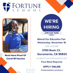 We're hiring, join our team! The job fair takes place on Wednesday, November 16 at 4:30 to 6:30 PM located at 3750 Rosin Ct., Sacramento, CA 95833 in the multi-purpose room. Face mask required and you must have proof of a covid-19 vaccine.